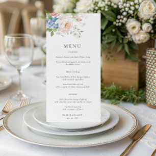 Menu de mariage floral rose et bleu pastel pour le
