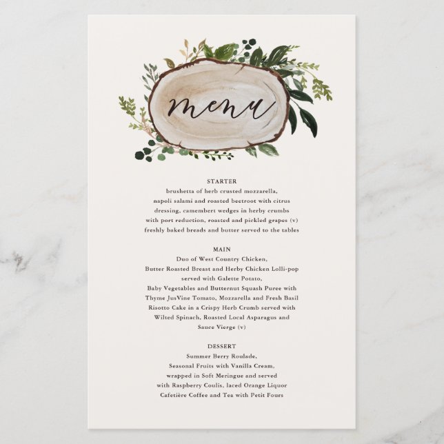 Menu de mariage floral rustique avec bois de cerf (Devant)