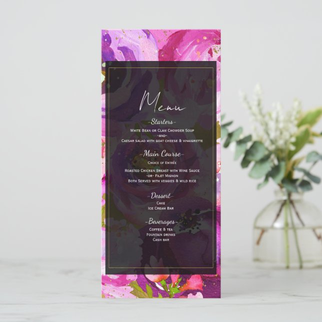 Menu de mariage floral vibrant rose et violet (Debout devant)