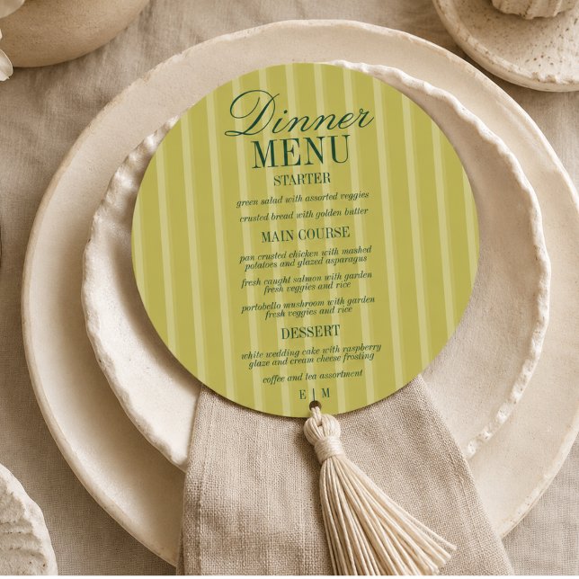 Menu de mariage formel avec rayure chartreuse et é (Modern Script Chartreuse Stripe Formal Wedding Menu)