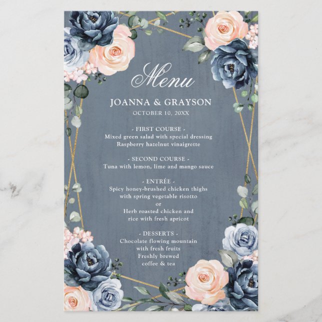 Menu de Mariage géométrique bleu foncé (Devant)