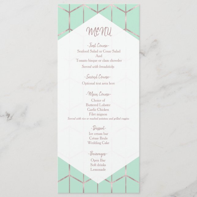 Menu de mariage géométrique chic vert menthe et or (Devant)