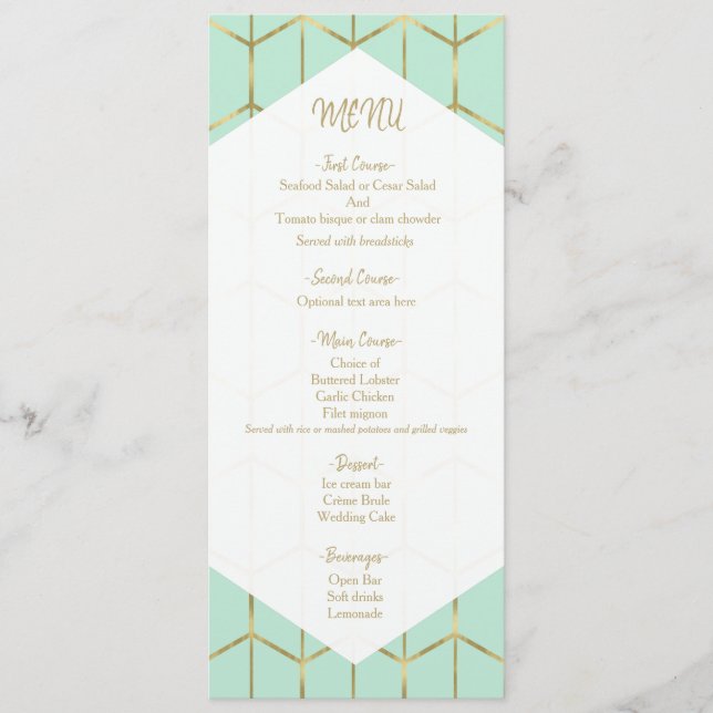 Menu de mariage géométrique or vert menthe en hexa (Devant)