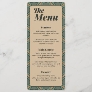 Menu de mariage géométrique vert sauge et or vinta