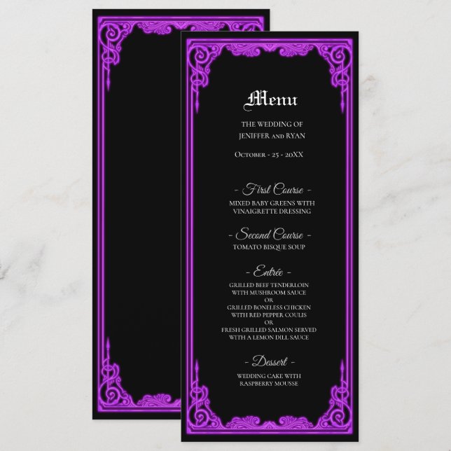 Menu de mariage gothique à lueur violette ensorcel (Devant / Derrière)