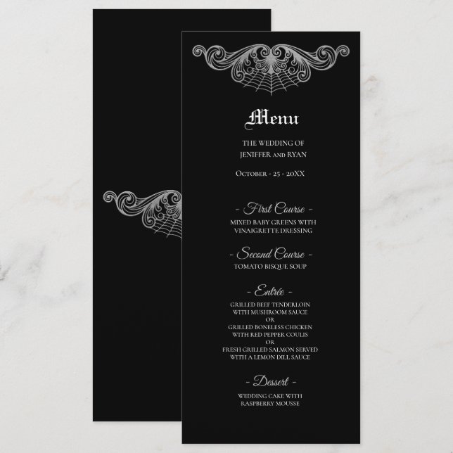 Menu de mariage gothique élégant noir et blanc (Devant / Derrière)