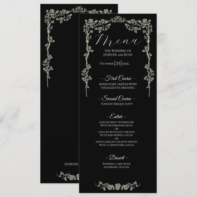 Menu de mariage gothique floral élégant (Devant / Derrière)