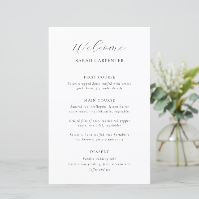 Menu de mariage invité avec nom en noir et blanc i (Debout devant)