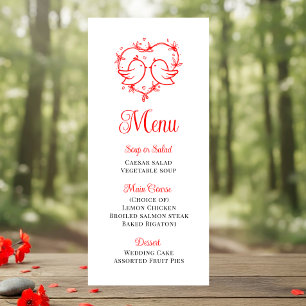 Menu de mariage Jardin Cœur Rouge Oiseaux Amoureux