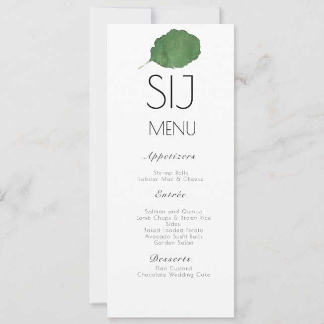 Menu de mariage minimaliste aquarelle feuille (Devant)