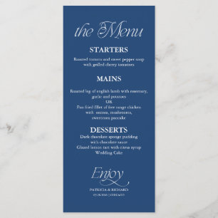 Menu de mariage minimaliste moderne bleu cobalt