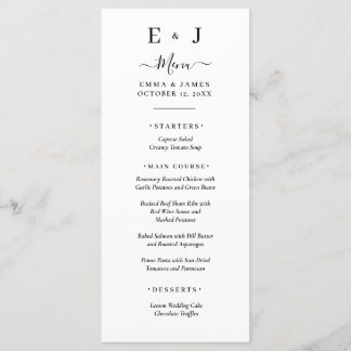 Menu de mariage minimaliste noir et blanc classiqu