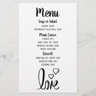 Menu de mariage minimaliste noir et blanc pour la 