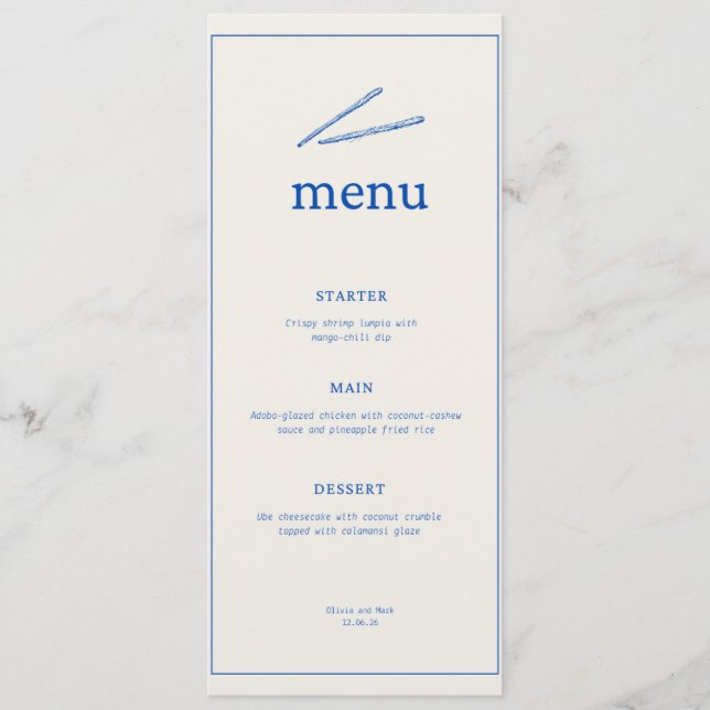 Menu de Mariage Minimaliste – Typographie Bleue Él (Devant)