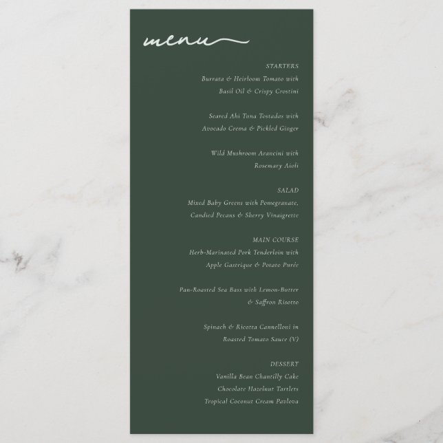 Menu de mariage minimaliste vert élégant (Devant)