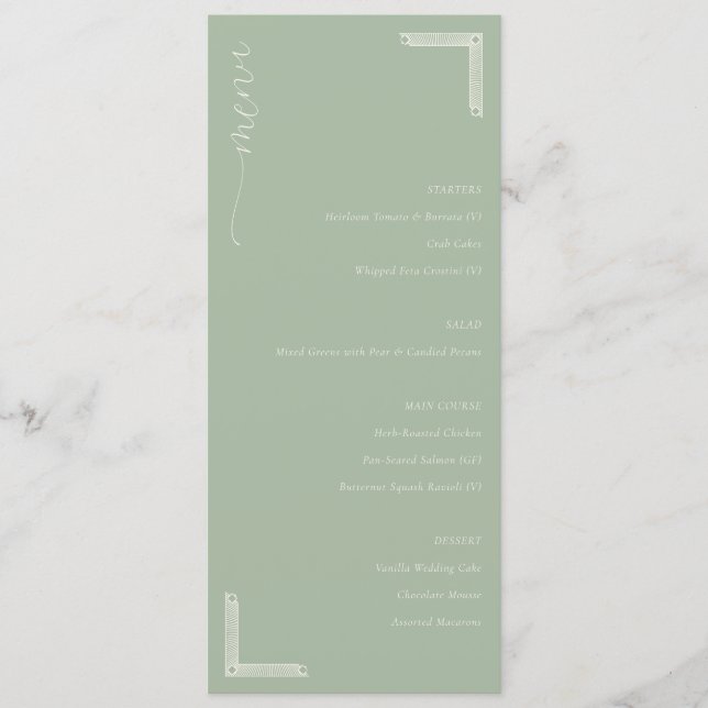 Menu de mariage minimaliste vert sauge sophistiqué (Devant)