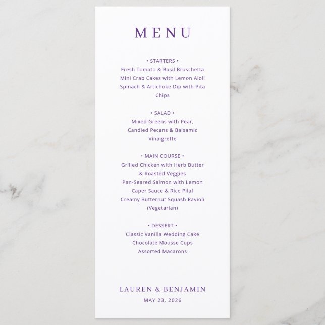 Menu de mariage minimaliste violet élégant (Devant)