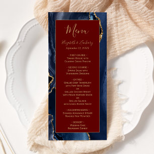 Menu de mariage moderne bleu navy or agate bordeau