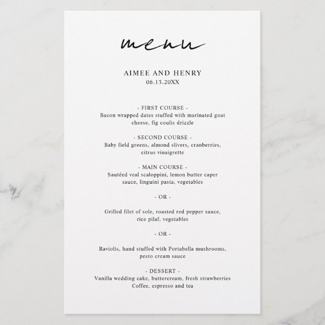 Menu de mariage moderne écriture rustique (Devant)