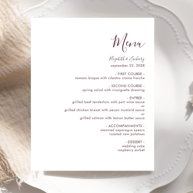 Menu de mariage moderne en écriture bourguignonne (Créateur téléchargé)