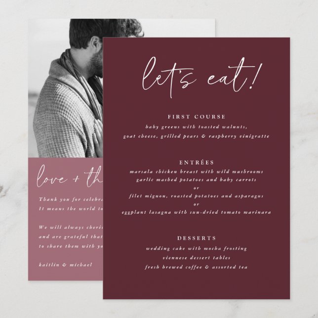 Menu de mariage moderne Merlot avec photo au dos (Devant / Derrière)