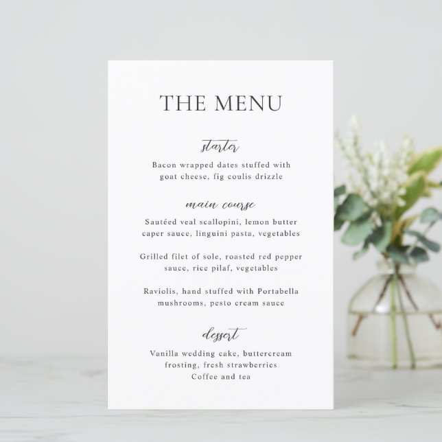 Menu de mariage moderne simple noir et blanc (Debout devant)