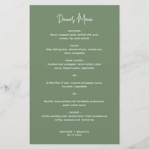 Menu de mariage moderne vert sauge minimaliste
