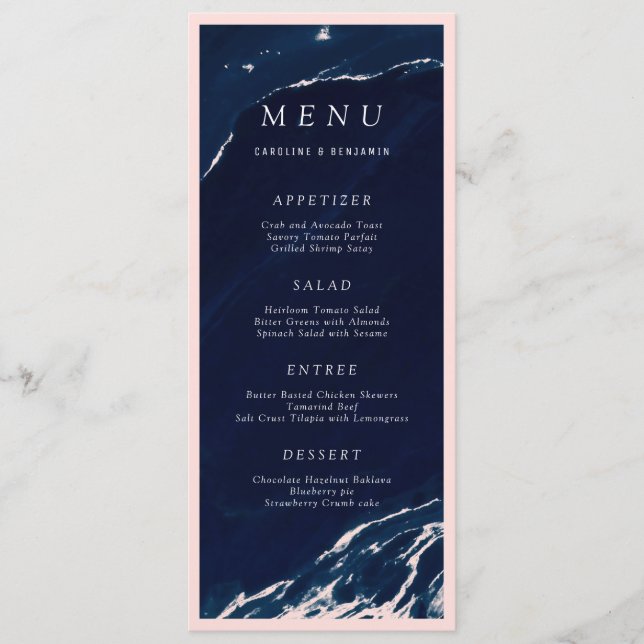 Menu de mariage nautique en marbre bleu marine mod (Devant)