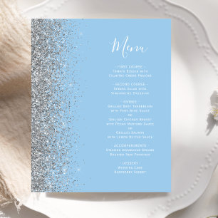 Menu de mariage pailleté argenté bleu pastel de bu