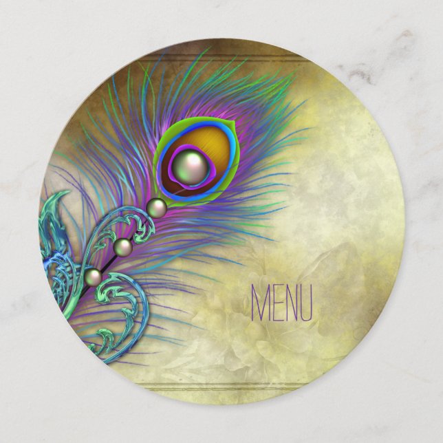 Menu de mariage paon vintage (Devant)