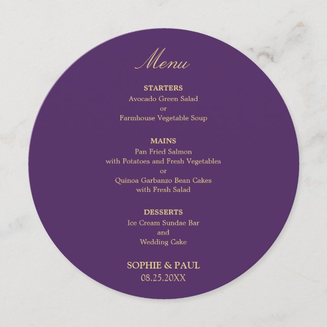 Menu de mariage rond beige doré violet (Devant)