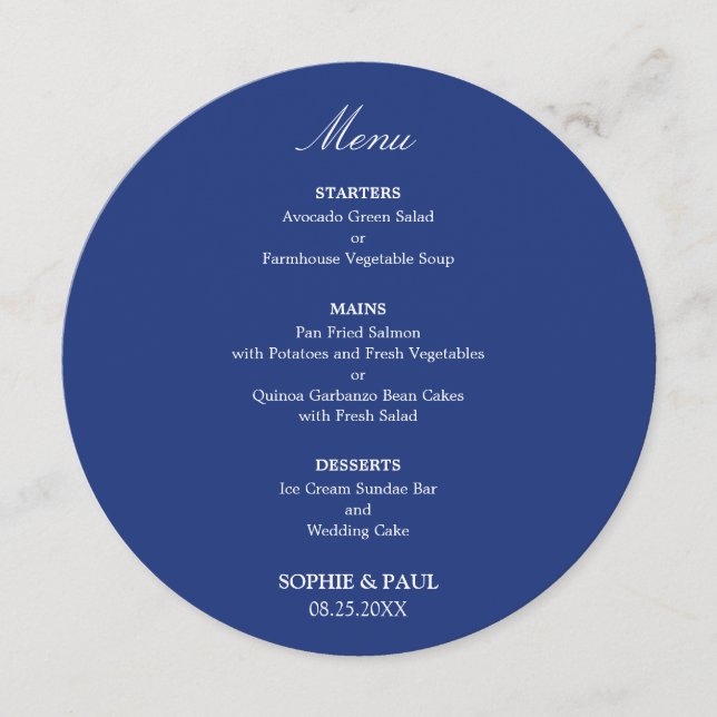 Menu de mariage rond bleu foncé (Devant)
