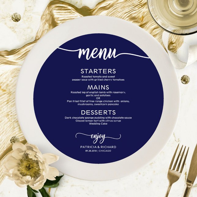 Menu de mariage rond chic bleu marine (Créateur téléchargé)