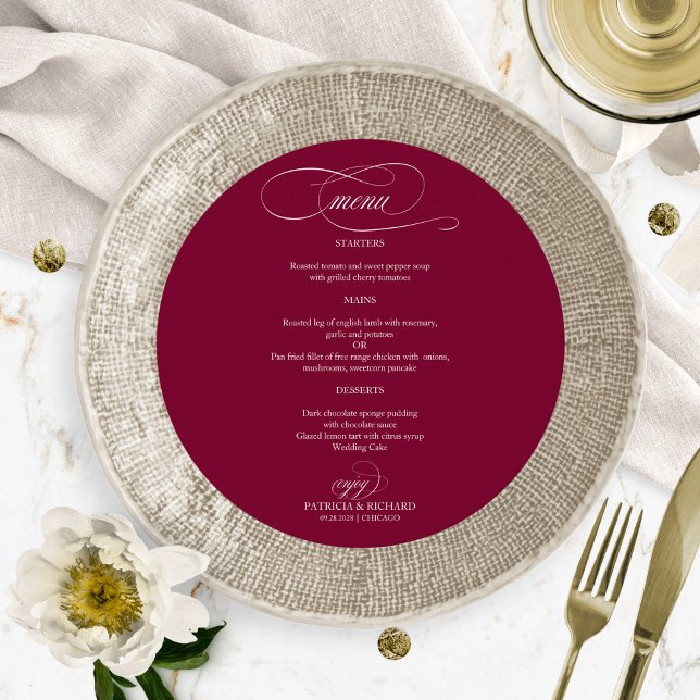 Menu de mariage rond élégant Bourgogne Marsala (Créateur téléchargé)