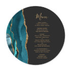 Menu de mariage rond en agate bleu sarcelle or