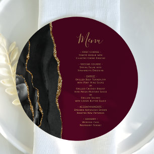 Menu de mariage rond en agate bordeaux Or noir