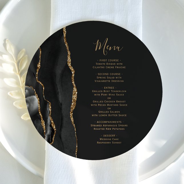 Menu de mariage rond en agate or noir (Créateur téléchargé)