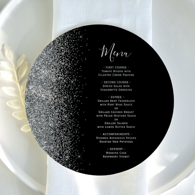 Menu de mariage rond pailleté argent noir (Créateur téléchargé)