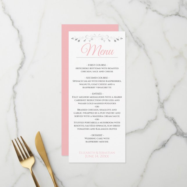 Menu de mariage rose et gris simple et élégant (Devant/Arrière en situation)