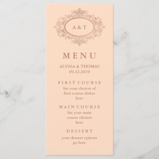 Menu de mariage rose pâle et or rose faux glamour (Devant)