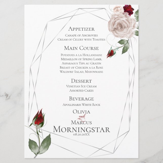 Menu de mariage | Roses d'aquarelle de vin et de v (Devant)