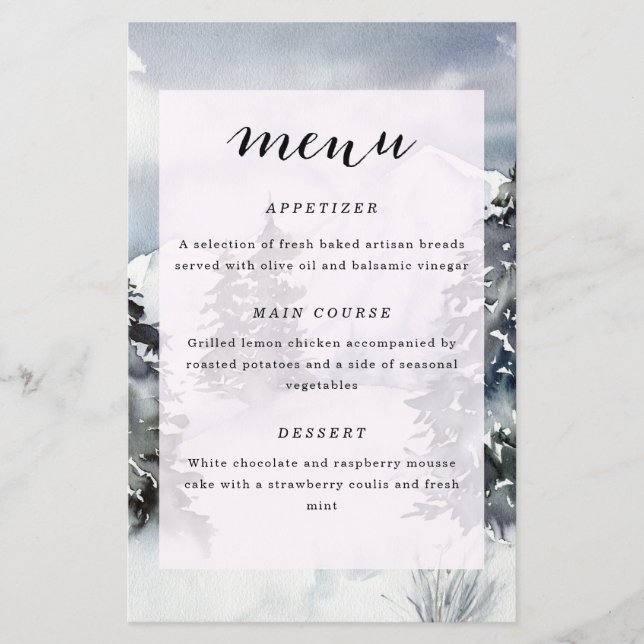 Menu de mariage rustique aquarelle de montagne (Devant)