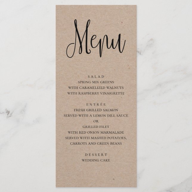 Menu de mariage rustique. Menu de dîner kraft mode (Devant)