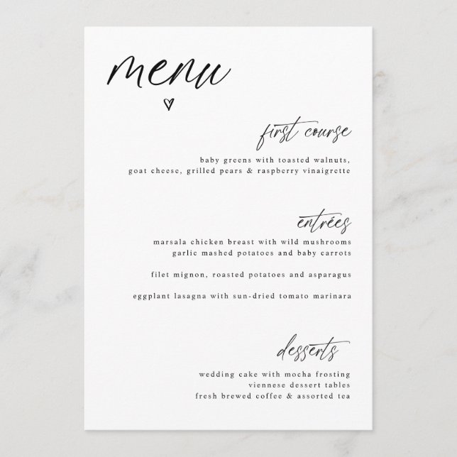 Menu de mariage simple cœur écriture manuscrite mo (Devant)