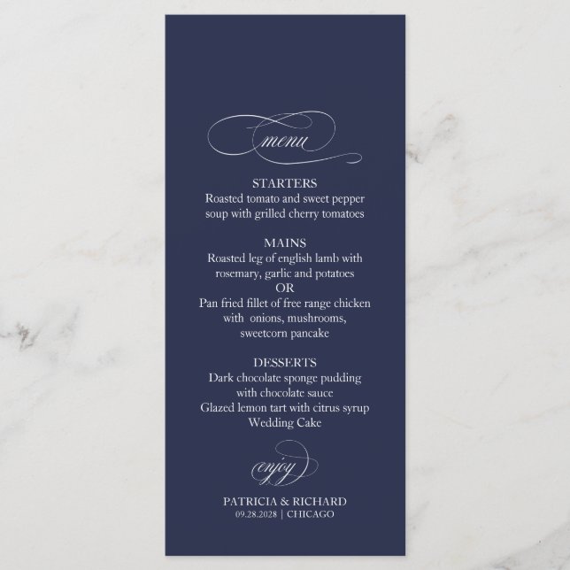 Menu de mariage simple élégant bleu marine 4x9 (Devant)