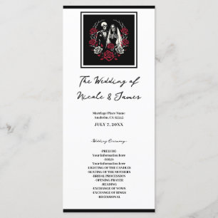 Menu de mariage squelette aux roses rouges et blan