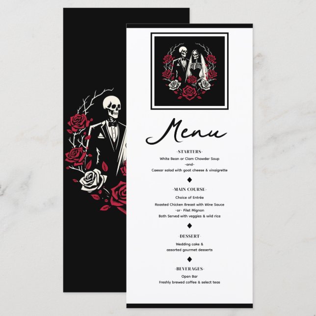 Menu de mariage squelette aux roses rouges et noir (Devant / Derrière)