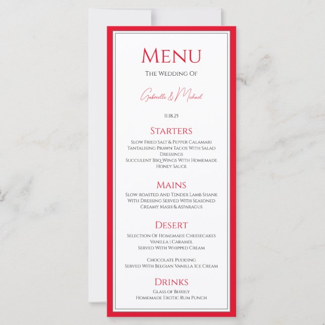 Menu de mariage traditionnel simple élégant Rouge  (Devant)