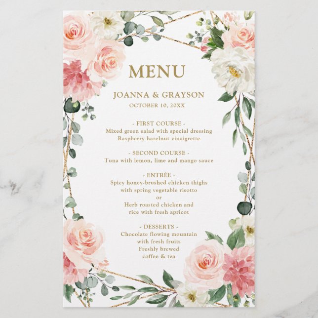 Menu de Mariage végétal géométrique rose pâle (Devant)