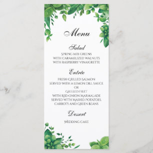 Menu de mariage vert en plein air. Menu de dîner d